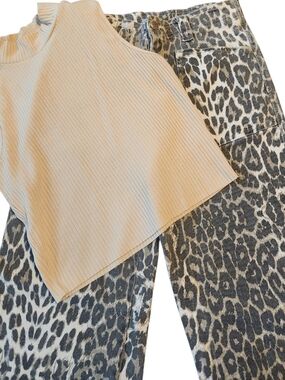 Papermoon Wide Leg Leopard Pants And GB Cream Colored Ribbed Tank, Medium Bundle